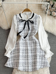 Autumn Winter A-Line Midi Dress Womens Plaid Long Sleeve Stand Collar Slimming Thickened Woolen Material Commute Style Dress