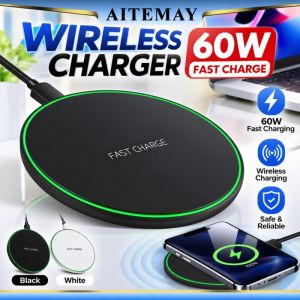 (Manila Shipping) Aitemay 60W Wireless Charger Fast Charging Pad Universal Qi Certified For iPhone 15 14 13 12 Samsung S24 S23 Xiaomi Huawei Black