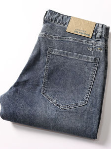 กางเกงยีนส์ทรงตรงผู้ชายบางพิเศษ ทรงหลวมสบาย ๆ ผ้าฝ้ายผสมโพลีเอสเตอร์และยางยืด ทรงลำลอง ฤดูใบไม้ผลิและฤดูร้อน