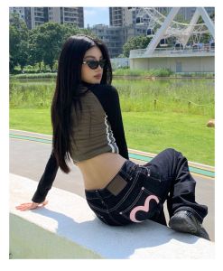 Womens Pink Heart Print Denim Straight Leg Jeans Loose Casual Floor-Length Long Pants Ladies Loose Fit Original Style