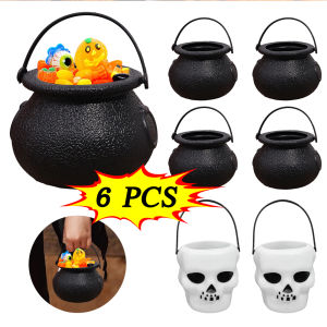 6Pcs Mini Halloween Candy Bucket Pot Witch Skeleton Cauldron Holder Jar Trick Or Treat Halloween Party Decoration Props Kids Toy