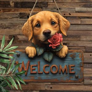 25CM 2D Flat Wooden Dog Welcome Sign Rural Urban Door House Walls Decorations Golden Retriever Teddy DDR Dog Lover Gift