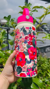 Bình Giữ Nhiệt Hoa Vintage Dung Tích Lớn 1000ML Inox 304 Có Quai Xách Tiện Lợi-Thân kem nắp hồng