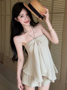 GUZILIAN | Bộ Áo Dây Không Đối Xứng & Quần Short Kích Dục Phong Cách Resort