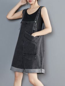 Summer New High Waist Loose Jeans Shorts for Pear Shaped Women plus Size Comfortable Breathable Denim Overalls in Black Color