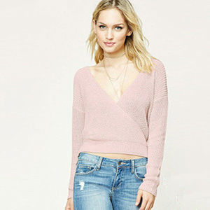 ของแท้ F21 หวานเซ็กซี่เปลือยคอวีลึกแขนยาวถักเสื้อกันหนาวผู้หญิง 226031   แฟชั่นฤดูใบไม้ผลิสร้างรูปร่างบาง