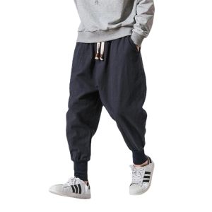Cotton Linen Harem Pants Solid Elastic Waist Streetwear Joggers New Baggy Drop-crotch Pants Casual Trousers Men