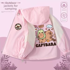 Spring Autumn Childrens Hooded Baseball Jacket Thin Coat Girls Fashionable Baseball Uniform Polyester Fiber Zipper Closure Cartoon Pattern