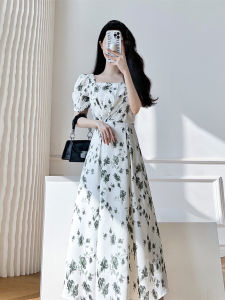 Elegant Floral Chiffon Dress Summer French Waist Cinching Slimming Gentle Style Amazed Sweet Long Skirt Retro Commute High Waist Pleated A-Line Dress