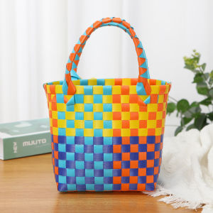 Artistic Handcrafted Beachside Basket Bag Summer Handheld Woven Tote Bag Stylish Cultural Trend Square Shape PVC Material