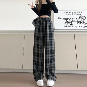 High Waist Plaid Pants Womens Spring Autumn Summer Casual Thin Wide Leg Pants Slim Version High Waist Straight Cut Trousers