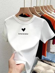 Áo Thun Cotton Tay Ngắn Mùa Hè Cho Nữ Dáng Ôm Cổ Tròn in Họa Tiết Màu Trắng Đơn Giản Thời Trang Công Sở Thường Ngày