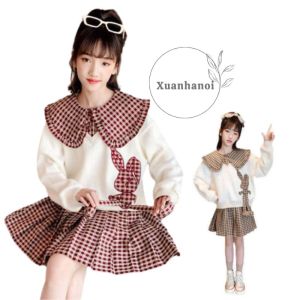 Set áo và váy bé gái áo len xốp liền chân váy kẻ xếp ly XHN1072