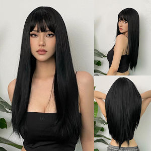 GEMMA Ash Gray Long Straight Synthetic Wig with Bangs Lolita Cosplay Hair Wigs for Black Women Natural Heat Resistant Fibre