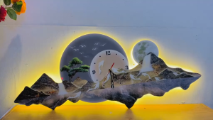 (ẢNH CHỤP) Tranh đồng hồ đèn led núi non hùng vĩ 10 trang trí decor quán uv kèm đinh
