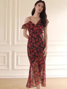 Original Vacation Style Floral Print Mid-Length Dress with Elegant Slit