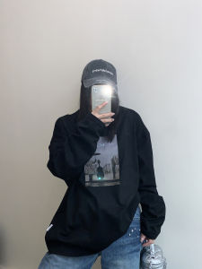 Oversize Casual Long Sleeve Pure Cotton T-shirt Womens Chic Minimalist Print Loose Fit Top round Neck Regular Length