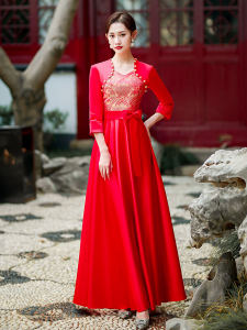 ชุดยาวแขนยาวสีแดงสำหรับงานรับรองโรงแรม ชุดยาวผู้หญิงผ้าไหม ชุดยาวผู้หญิง ชุดยาวผู้หญิง เดรสยาว