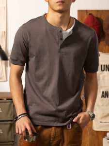LUPAN | Retro Style Henley T-Shirt Cotton Short Sleeve Gray Summer