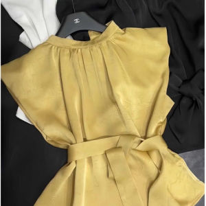 Elegant French Style Womens Summer Blouse High Quality Viscose Material Sleeveless Crewneck Work Clothing Explosion Model