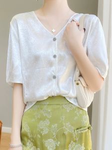 เสื้อคาร์ดิแกนแขนสั้นผ้าไหมน้ำแข็งกันแดดบางๆ สำหรับผู้หญิงในฤดูร้อน เสื้อคลุมกันหนาวแบบยาวปานกลาง คอวี ปกโปโล แขนสั้น ปกโปโล