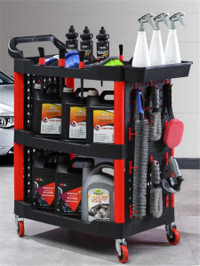Car Wash Shop Car Cosmetic Tool Trolly Multi-Functional Trolley Plastic Three-Layer Movable Storage Shelf for 4S Shop