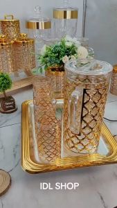 Acrylic Water Jug Pitcher Set 6 pcs Tumbler Crystal Clear Design Golden Square Line Keemasan