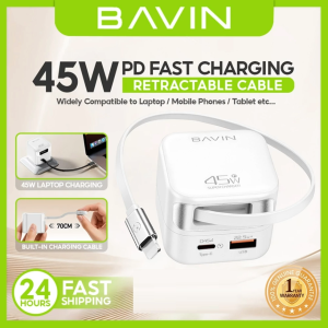 BAVIN PC2077 PD 45W QC 3.0 Portable Fast Charging Adapter w/ 70cm Retractable Cable + Foldable AC Plug for Laptop/Phones