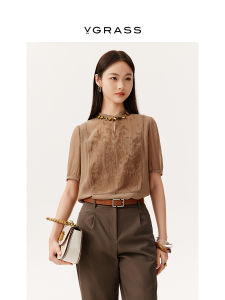 VGRASS Womens Silk Shirt Summer New Style 12MM Real Silk Embroidered Top Casual Loose Fit Short Sleeve Stand Collar Printed