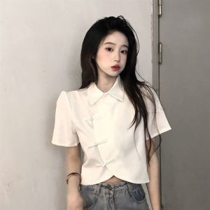 New Chinese Style Short Sleeve Shirt Irregular Hemline Womens Summer Fashion Top Modified Version of Qipao 2025 New Arrival