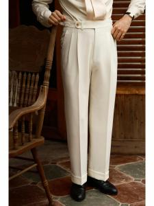 UGENTLE Mens Full Wool Strong Twist Handmade High Waist White Moonlight Set Straight Leg Long Pants Business Formal Wear