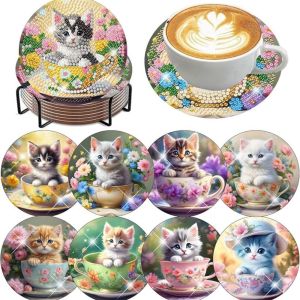 other | 8 Pieces/Set of Diamond Painted Coasters Set with Animal and Cat Patterns (With Holder) - DIY Diamond Art Craft Kit for Home Dec