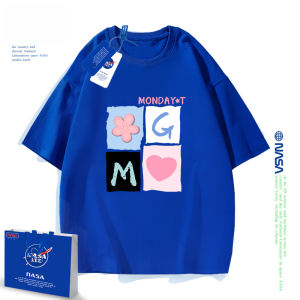 Loose Cotton Short Sleeve T-Shirt Womens Summer New Style Printed Casual round Neck Top Couples Matching Klein Blue Tee