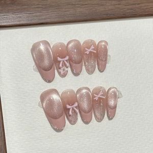 Elegant Cat Eye Polka Dot Pink French Style 3D Bow Knot Shiny Edge Wearable Nail Art False Nails Tips with Glue for Women