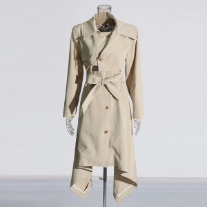 Áo Khoác Trench Coat Nữ Thiết Kế Đơn Giản Chất Liệu Dày Dặn Tay Dài Cổ Trụ Eo Cao Phối Dây Lưng Vạt Áo Bất Đối Xứng Phong Cách Công Sở.