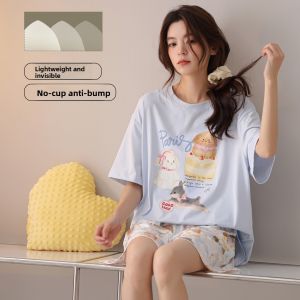 miiow | Pure Cotton Summer Sleepwear Womens Loose Short Sleeve Thin Home Clothes Set With Chest Pad Can Be Worn Outside Cat Person