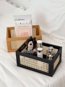 Vintage Wooden Rattan Storage Bin - Multi-Purpose Retro Organizer for Home Essentials