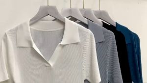 Ice Silk Knitted Blouse Plus Size Womens Summer Korean Style Lapel POLO Collar Short-sleeved T-shirt