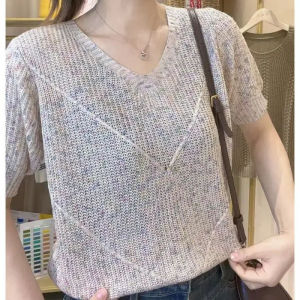 Starry Sky Knitted Long Sleeve Loose Thin Top V-Neck Pullover Slimming Lazy Match All Spring Summer T-Shirt Korean Style