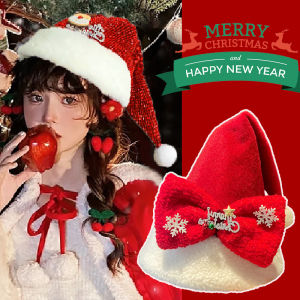 New Year Christmas Hat Plush Thickened Santa Claus Bow Hats for Adult Kids Christmas Caps Festive Party Decor Supplies