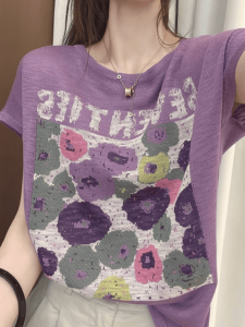 Loose Belly-Covering [40.00 Kg-100.00 kg] round Neck Print Ice Silk Short Sleeve T-shirt Female Western Style Youthful-Looking Pullover Tops Tide