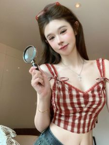 GUZILIAN | เสื้อกั๊กคอวีลายสก็อตผ้าลูกไม้สไตล์เกาหลีสำหรับผู้หญิงในฤดูร้อน เสื้อเชิ้ตทรงเข้ารูป เสื้อกั๊กแขนกุดสำหรับใส่ด้านนอกและด้านใน