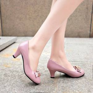 Versatile round Toe High Heel Single Shoes for Women Comfortable mid Heel Chunky Heel Fashionable Water Diamond Patent Leather