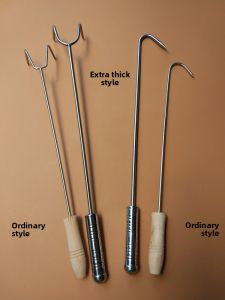 Stainless Steel Long Double Hooks Wooden Handle Single Double Hook for Roast Duck Goose Mutton Storage Organizer Household