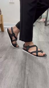 Dép Sandal Nam Da Bò Phối Dù Dép Quai Hậu Nam Da Bò màu Đen Đế Trắng