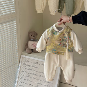 ชุดเดรสจีนสำหรับเด็กชายอายุครบ 1 ปี ชุดคลุมศีรษะแขนยาว 2 ชั้น ชุดกี่เพ้าแบบสวมหัว ผ้าฝ้าย 95% สำหรับเด็กตั้งครรภ์