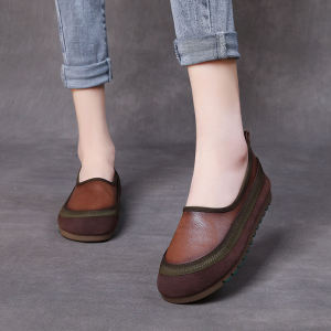 Spring 2025 Mom Shoes Soft Bottom Spliced Color Cowhide Comfortable Flat Bottom Womens Single Shoes Casual Fashion Casual