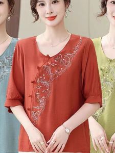 QIAOXIZI | Youthful Seven-Sleeve Loose Cotton Linen Embroidered Fashionable Summer Blouse