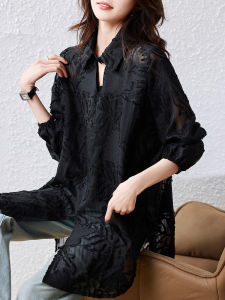 เสื้อเชิ้ตคอปกเด็กผู้หญิงสีดำสไตล์ฝรั่งเศส ลายดอกไม้ แขนยาว ทรงหลวม สไตล์เกาหลี ผ้าโพลีเอสเตอร์ ฤดูใบไม้ผลิ 2025