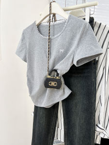 Gray Lace U-Neck Embroidered Butterfly Knot Short Sleeve T-Shirt Womens Summer Design Sensation Waist Cinching Top